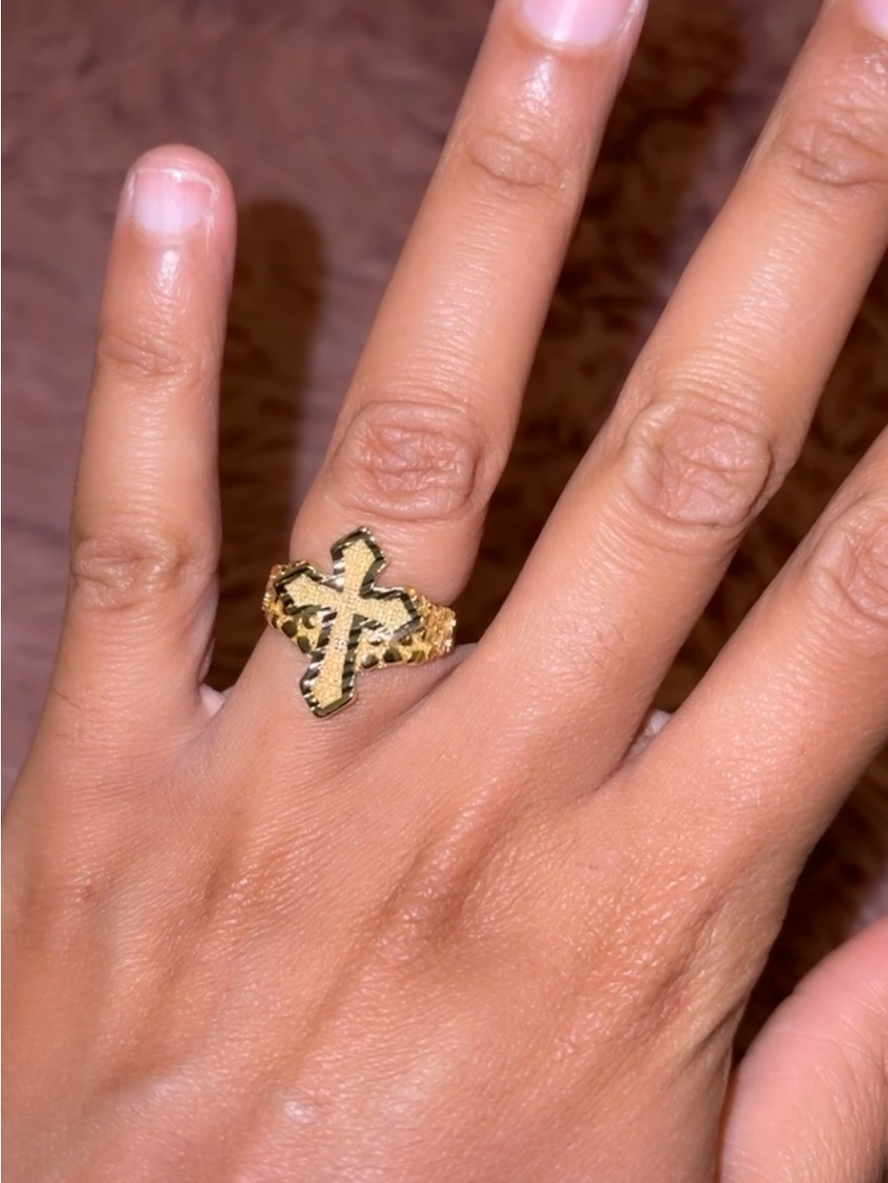 Gold Cross Ring with Leopard-Accent Band - Women's Fashion Ring